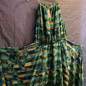Green, Blue and Gold Dress. Light material, sheer, flowing dress. Short in front